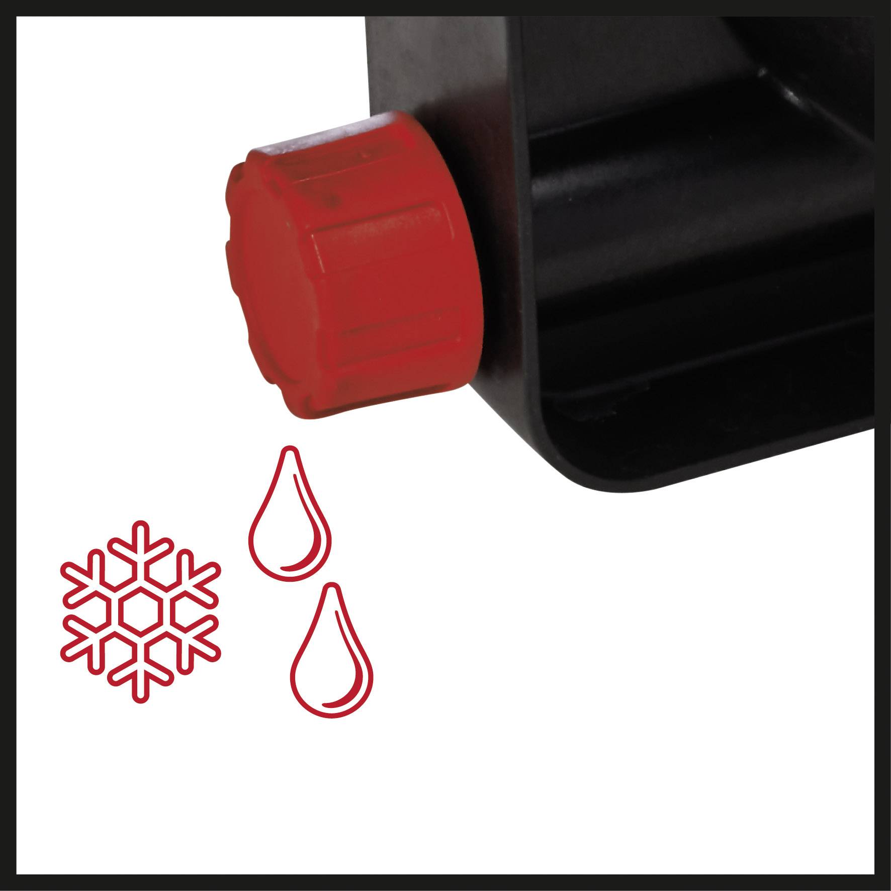 Roter Drehknopf an einem schwarzen Gerät mit Symbolen für Schneeflocke und Wassertropfen. Bedeutet wahrscheinlich Kaltwassereinstellung.
