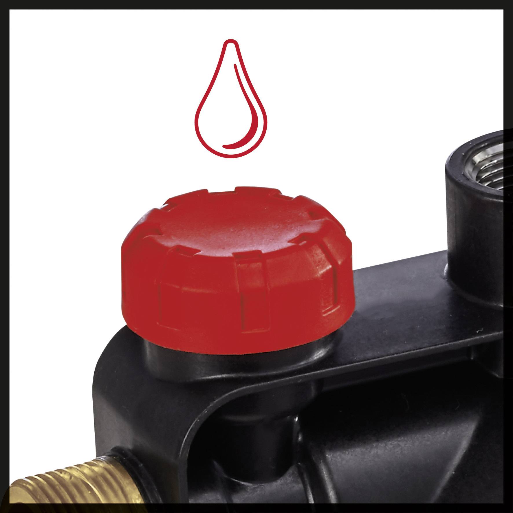 Ventil mit rotem Griff und Tropfensymbol für Flüssigkeitsflussregelung.