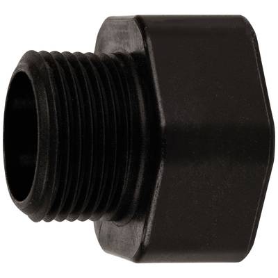 Schwarzer Sechskantadapter mit Außengewinde links und Innensechskant rechts. Verwendet zum Verbinden von Rohrleitungen.