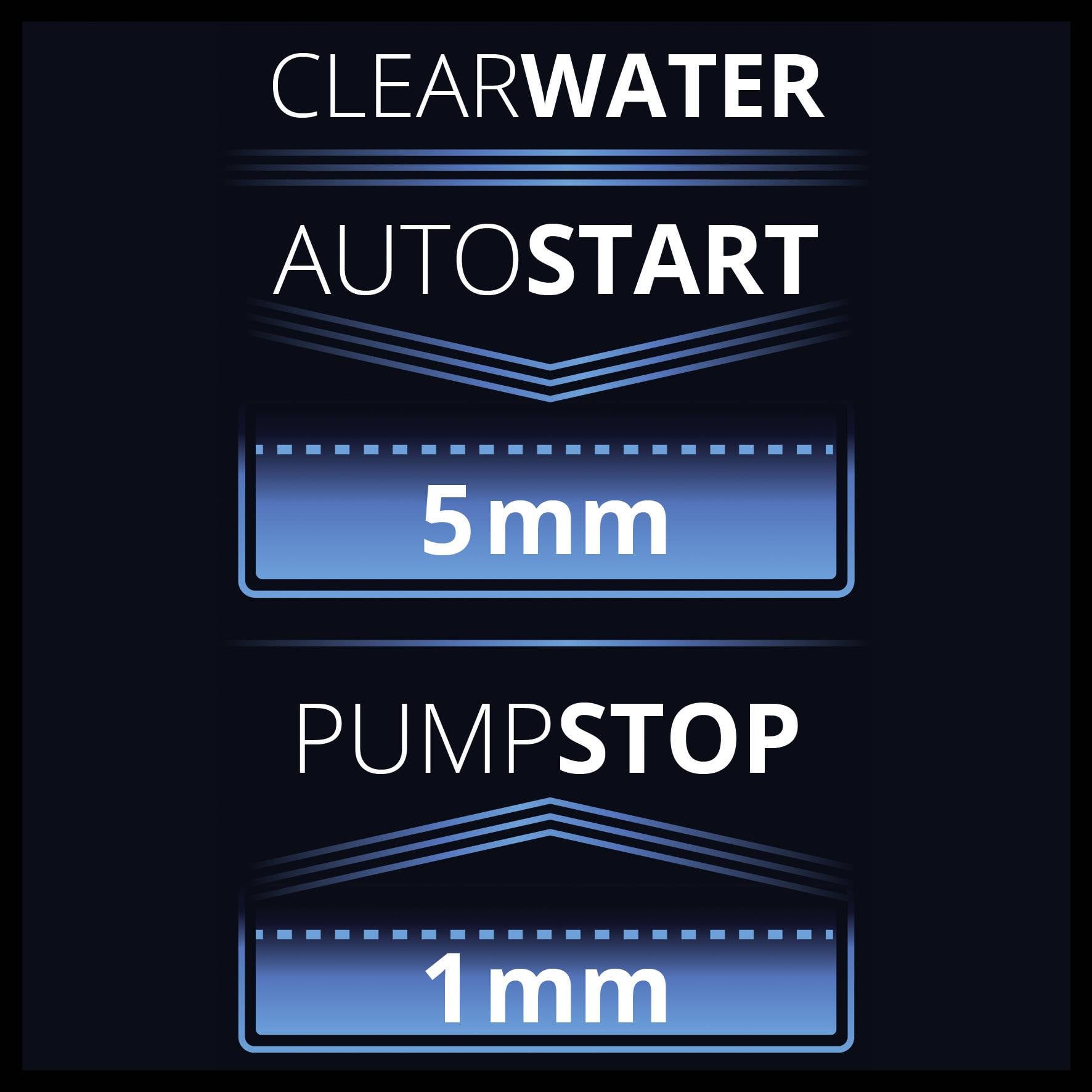 'CLEAR WATER' und 'AUTO START' oberhalb mit '5mm' hydraulischem Druck. Darunter 'PUMP STOP' mit '1mm' zur Druckreduzierung.