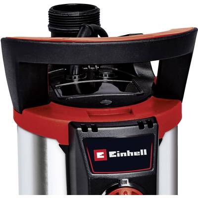 'Einhell' Tauchpumpe. Schwarzes Gehäuse mit rotem Detail. Oberseite mit Wasseranschluss und Griff zum Tragen.