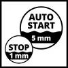 'Auto Start' und 'STOP' Kreissymbole mit Zahlen '5 mm' und '1 mm', die auf Wasserhöhenanzeigen hinweisen.
