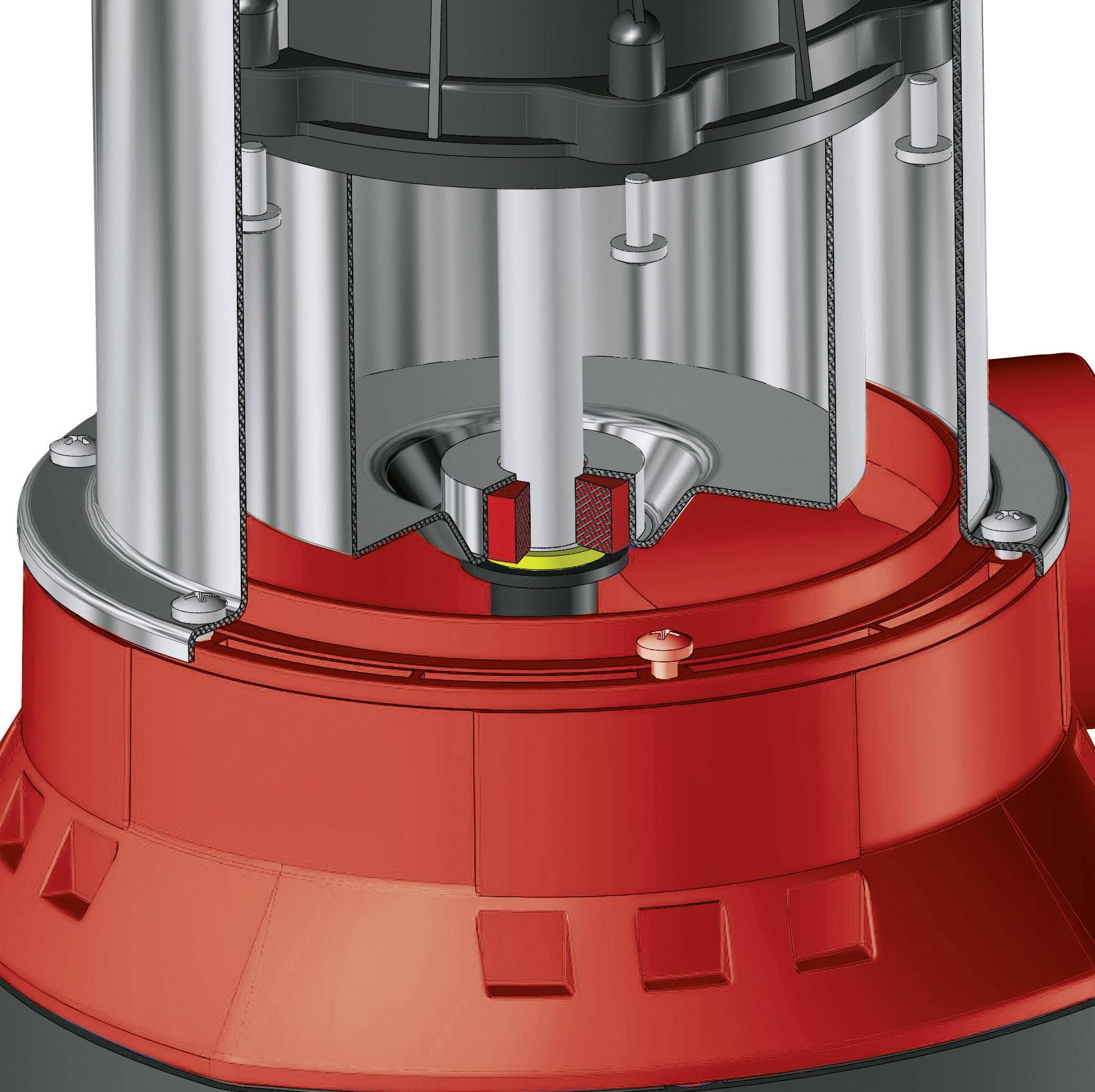 Querschnitt einer rot-schwarzen Tauchpumpe mit sichtbaren mechanischen Komponenten, geeignet für Abwasserbereitstellung in industriellen Anwendungen.