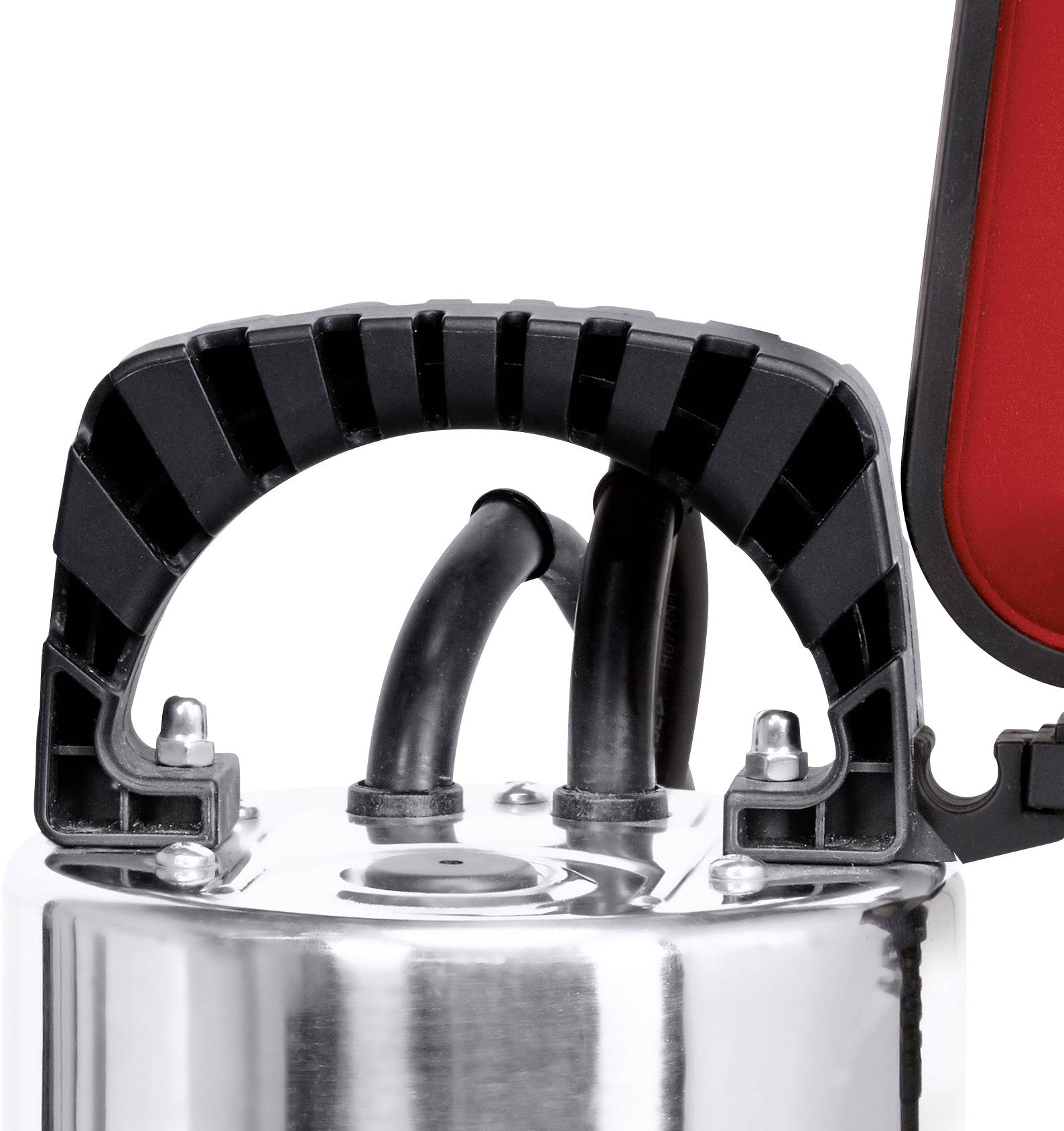 Ein hochglänzender Metallbehälter mit einem schwarzen Griff und angeschlossenen Schläuchen. Es ist ein Teil eines technischen Systems.