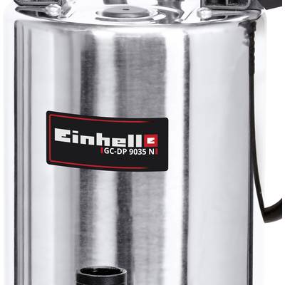 Eine silberne Wasserpumpe mit einem schwarzen und roten Hersteller-Etikett mit der Aufschrift 'Einhell GC-DP 9035 N'.