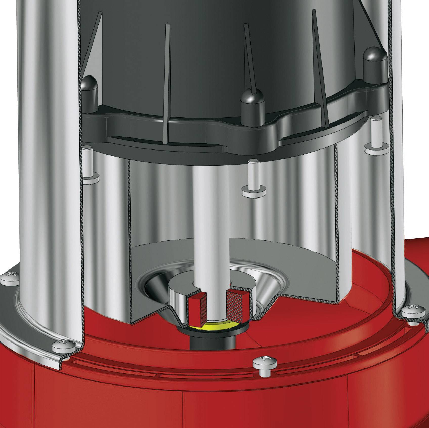 Industrie-Diagramm einer vertikalen Pumpe mit sichtbaren inneren Komponenten, darunter Welle, Laufrad und Gehäuseelemente in Grau und Rot.