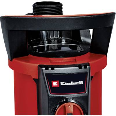 Eine rote Tauchpumpe der Marke Einhell mit einem schwarzen Griff und einem Wasseranschluss oben.