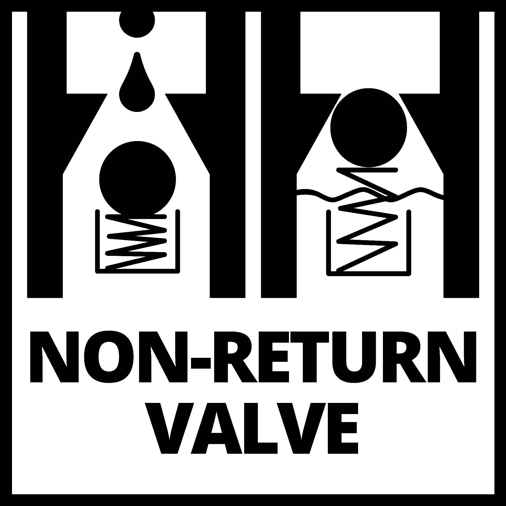Ein Symbol zeigt den Mechanismus eines Rückschlagventils: Links fließt Flüssigkeit nach unten, rechts wird der Rückfluss blockiert. Text: 'NON-RETURN VALVE'.