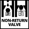Ein Symbol zeigt den Mechanismus eines Rückschlagventils: Links fließt Flüssigkeit nach unten, rechts wird der Rückfluss blockiert. Text: 'NON-RETURN VALVE'.