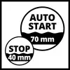 Zwei Kreise mit Text: Der größere Kreis zeigt 'AUTO START 70 mm', der kleinere 'STOP 40 mm'.