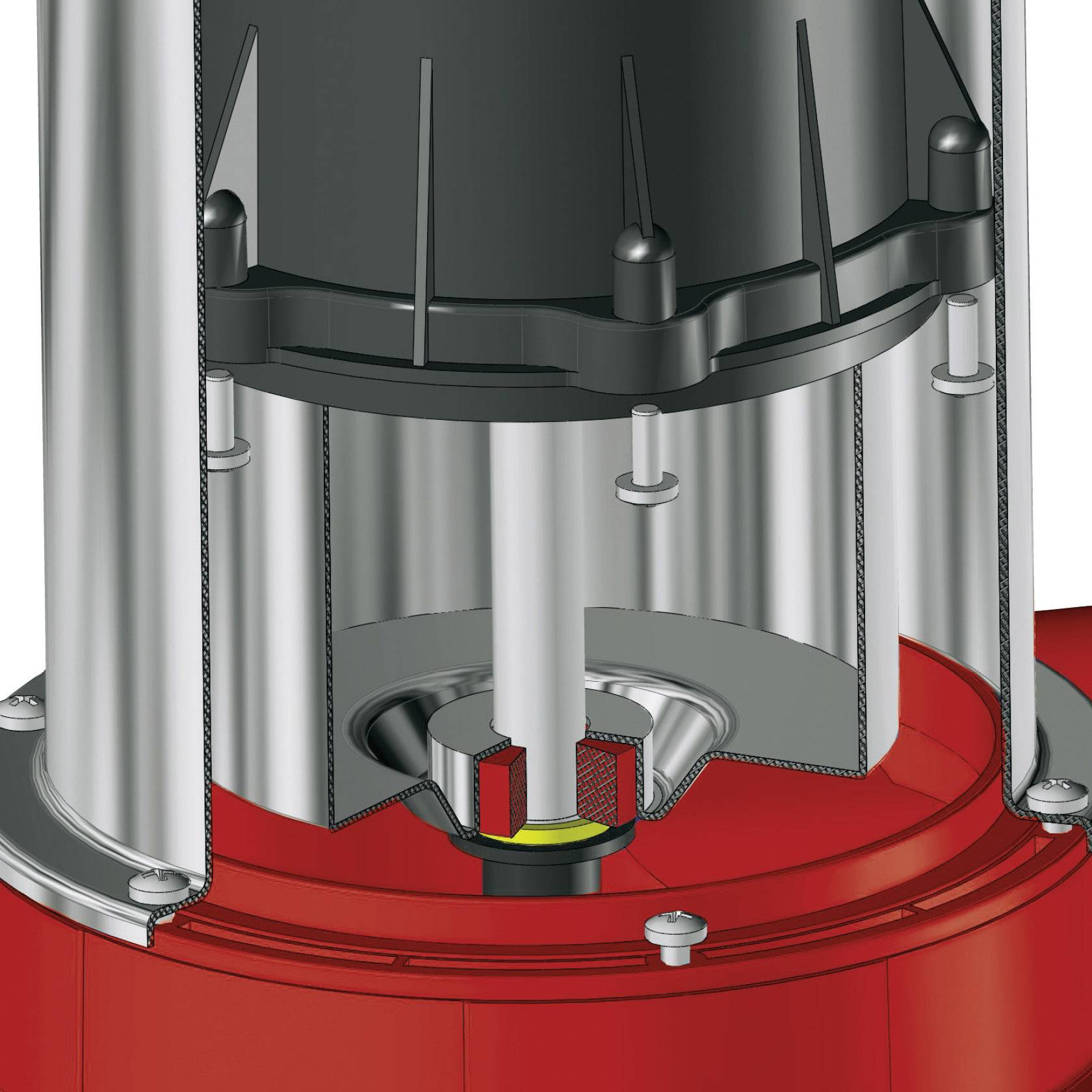 Eine technische Zeichnung zeigt einen Querschnitt einer Pumpe, wobei Kolben, Zylinder und Ventile sichtbar sind.