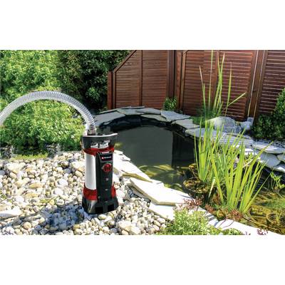 Ein Teichfilter mit einem Schlauch ist neben einem Steinrand-Teich mit Pflanzen und Holzumzäunung platziert, um Wasser sauber zu halten.