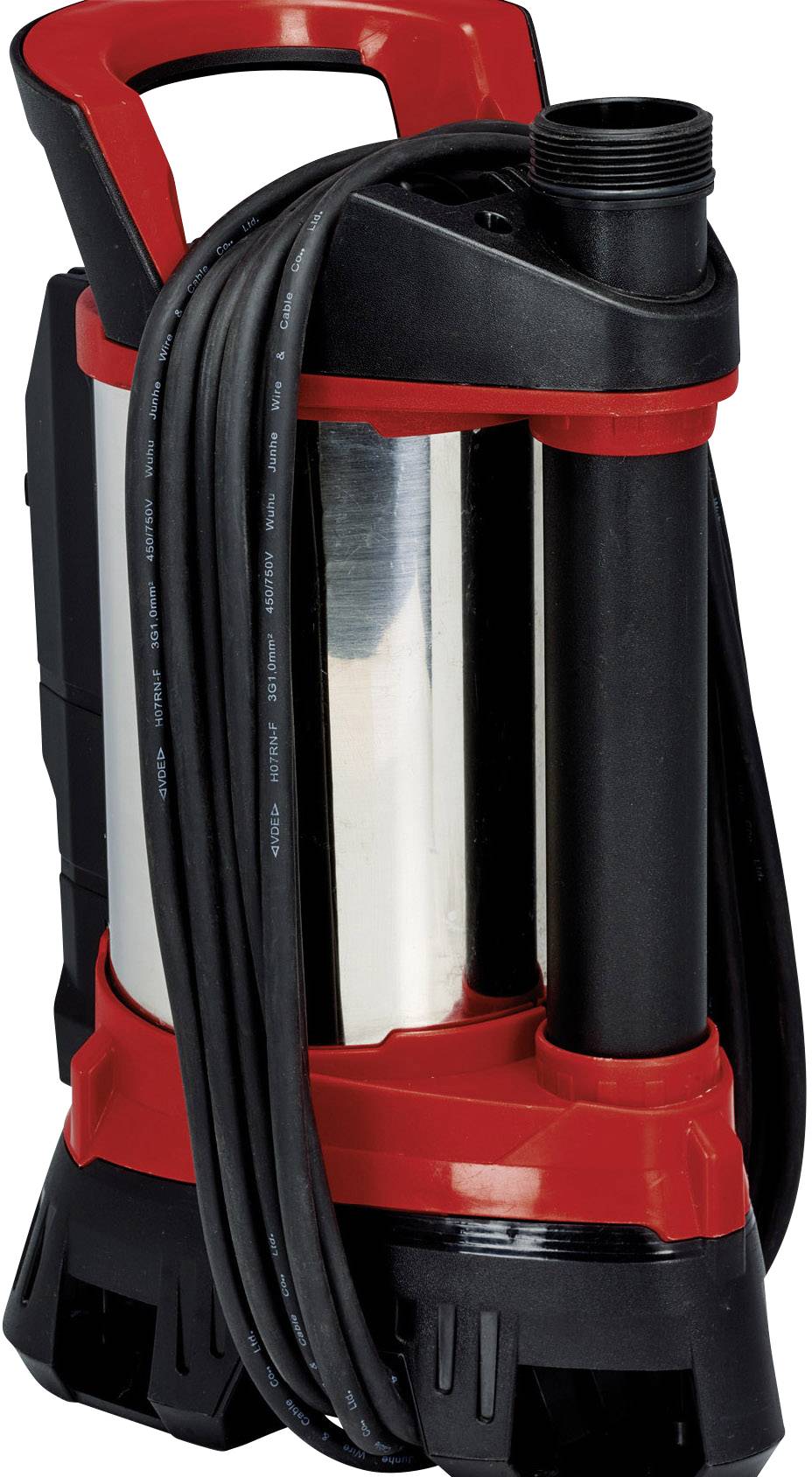 'Tauchpumpe mit rotem Griff und schwarzem Kabel, geeignet für Wasserförderung und Entwässerung.'