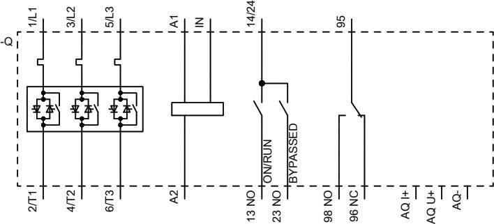 'Schaltplan eines elektrischen Steuergeräts mit Klemmenbezeichnungen. Befehls- und Ausgangsverbindungen sind mit Zahlen markiert.'