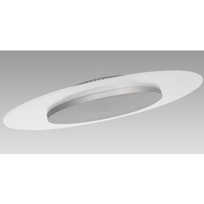 Eine moderne Deckenlampe mit einem flachen, runden Design aus Metall und Glas, aufgehängt vor einem grauen Hintergrund.