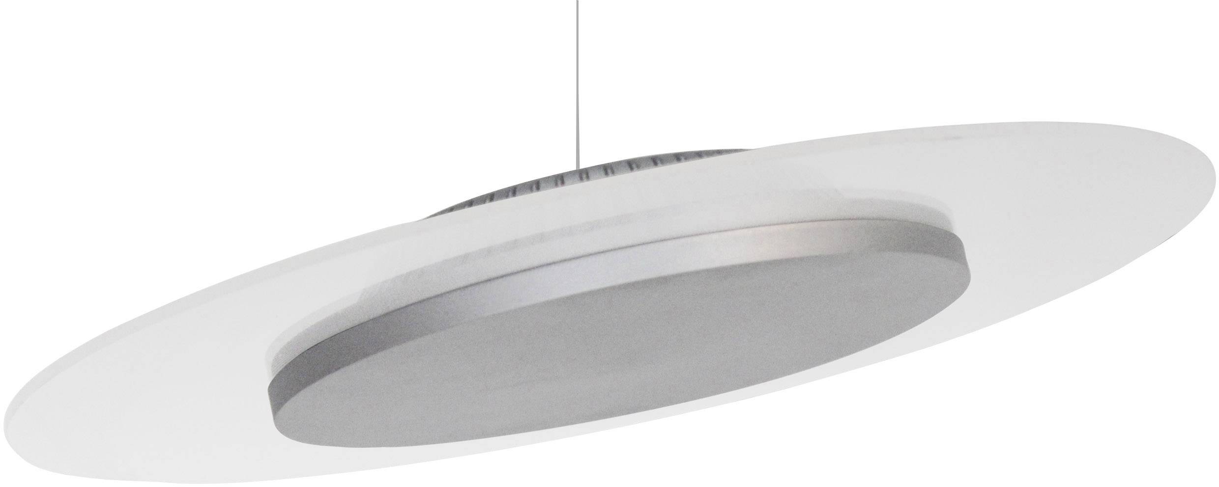 Runde, minimalistische Deckenlampe mit weißem Schirm und silbernem Mittelteil. Hängend von einer dünnen Schnur. Modernes Design.