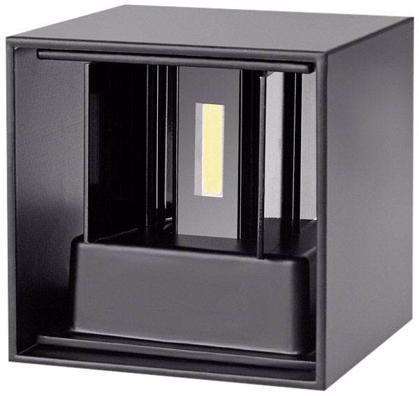Eine schwarze, kubische Wandlampe mit leuchtendem rechteckigem LED-Element in der Mitte, entworfen für moderne Innenräume.