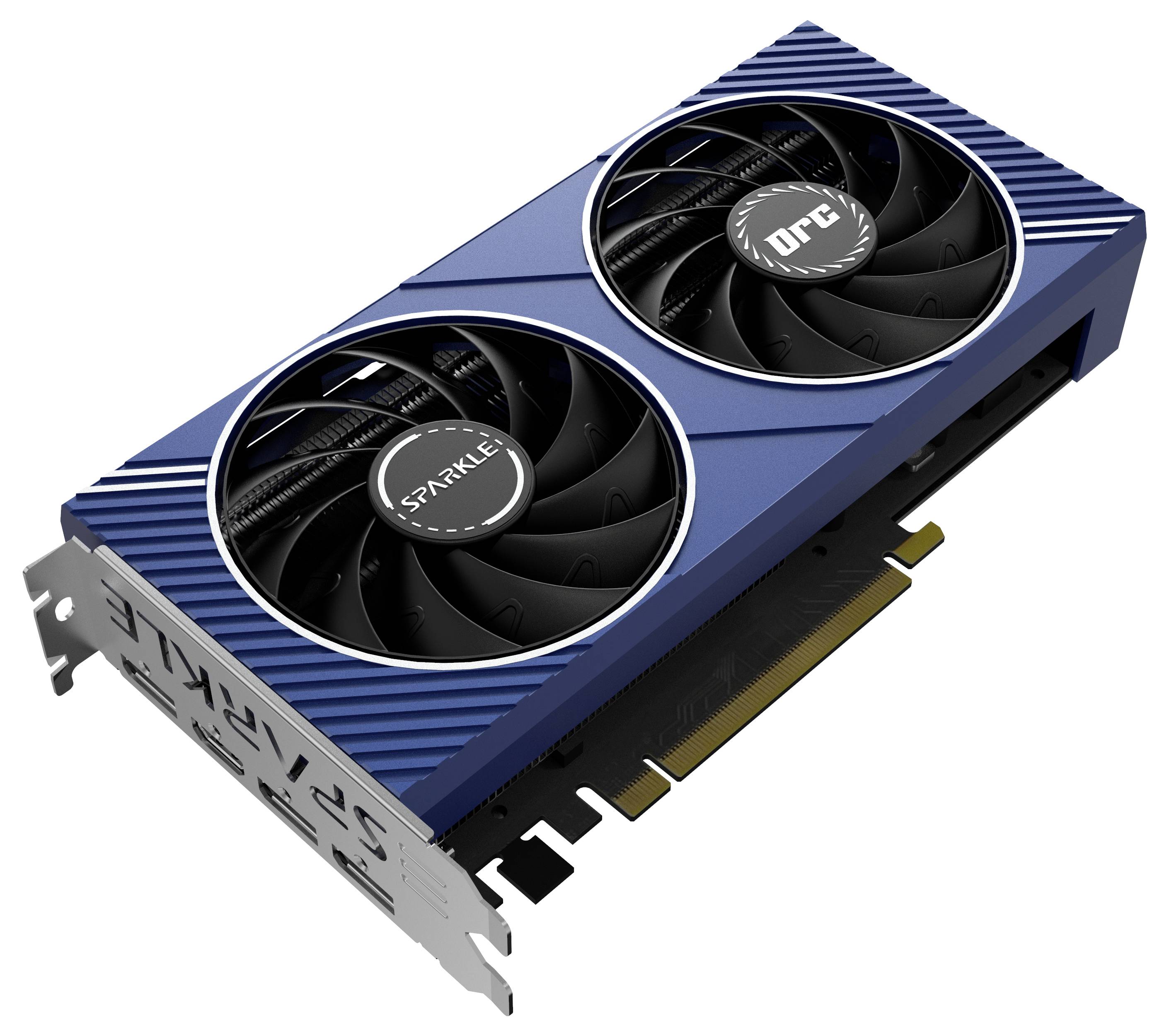 Eine blaue Grafikkarte mit zwei Lüftern und der Aufschrift 'SPARKLE'. Sie verfügt über mehrere Anschlussmöglichkeiten an der Seite.