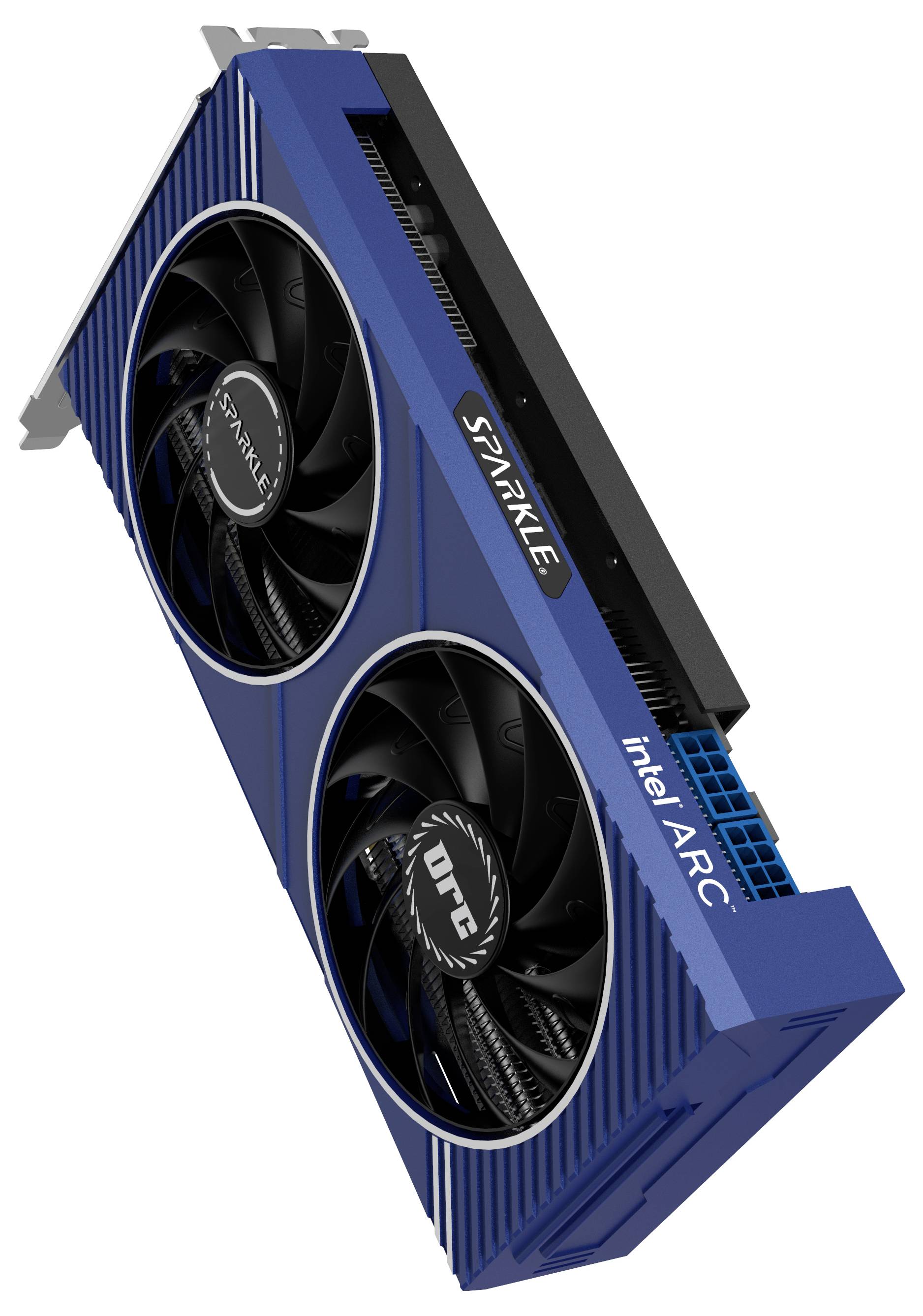 Eine blaue Intel ARC Grafikkarte mit zwei Lüftern, markiert mit 'SPARKLE', in einem schrägen Winkel dargestellt.
