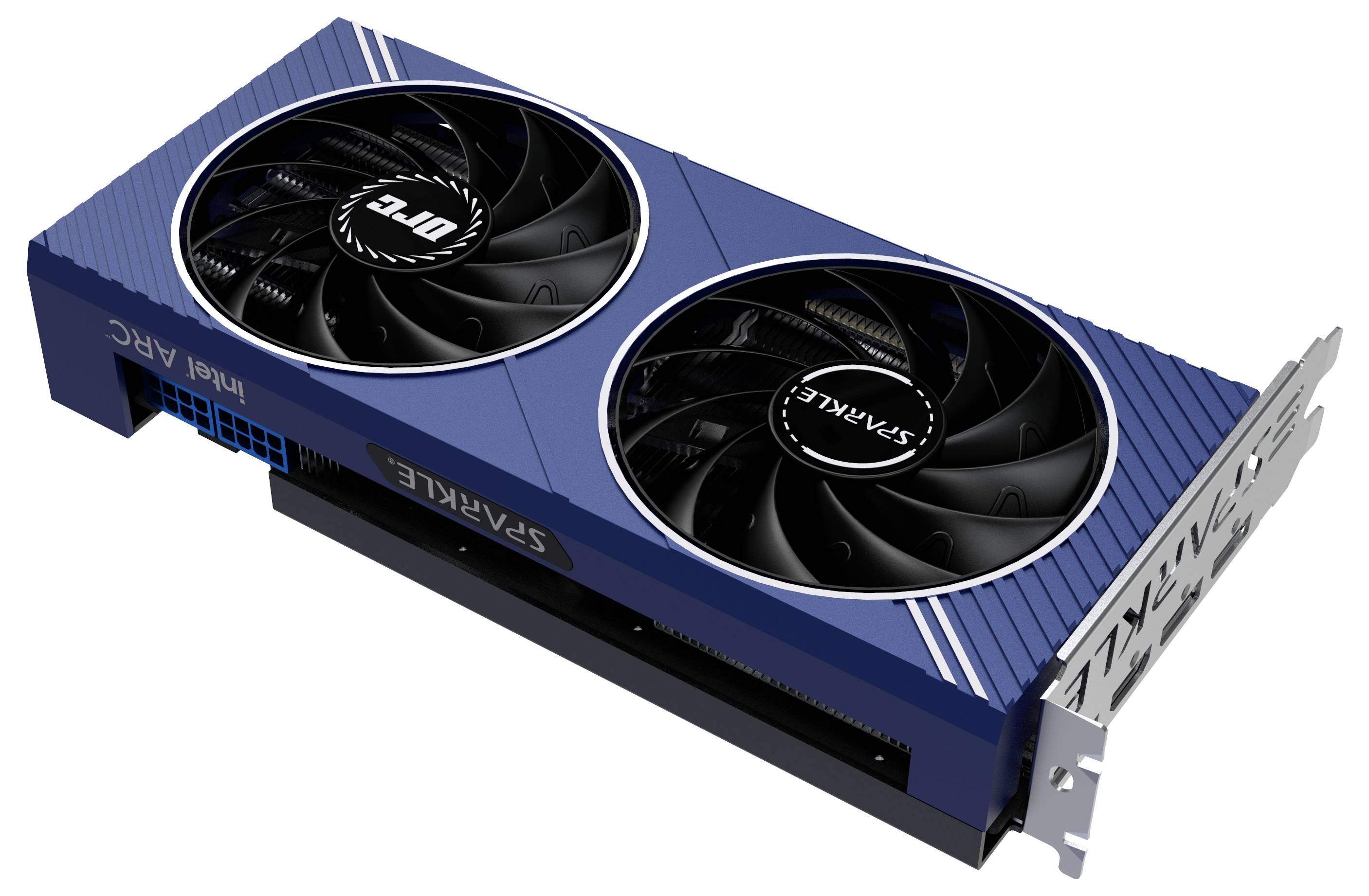 Blaugraue Grafikkarte mit zwei Lüftern und der Aufschrift 'Sparkle' darauf.