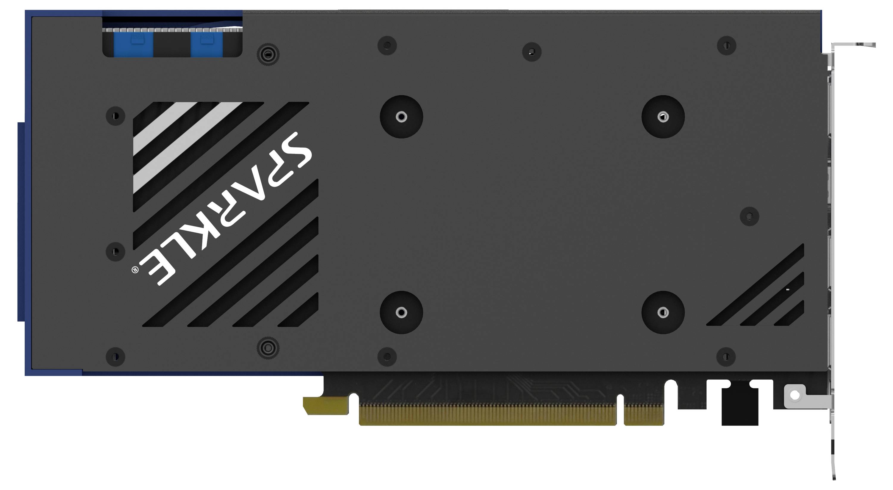 Grafikkarte von oben, schwarze Rückplatte mit diagonalen Streifen und sichtbarem Markennamen. Zeigt Anschlüsse und Formfaktor.