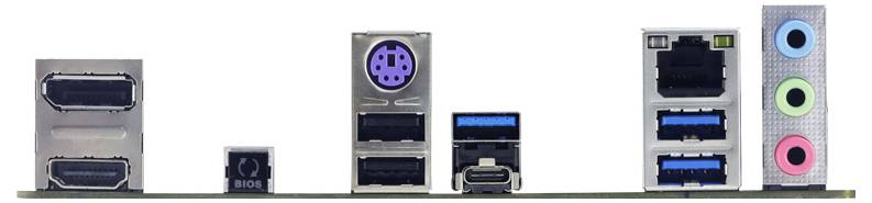 Anschlüsse auf einer Computer-Mainboard-Rückseite: HDMI, PS/2, USB, Ethernet-Ports und Audio-Buchsen.