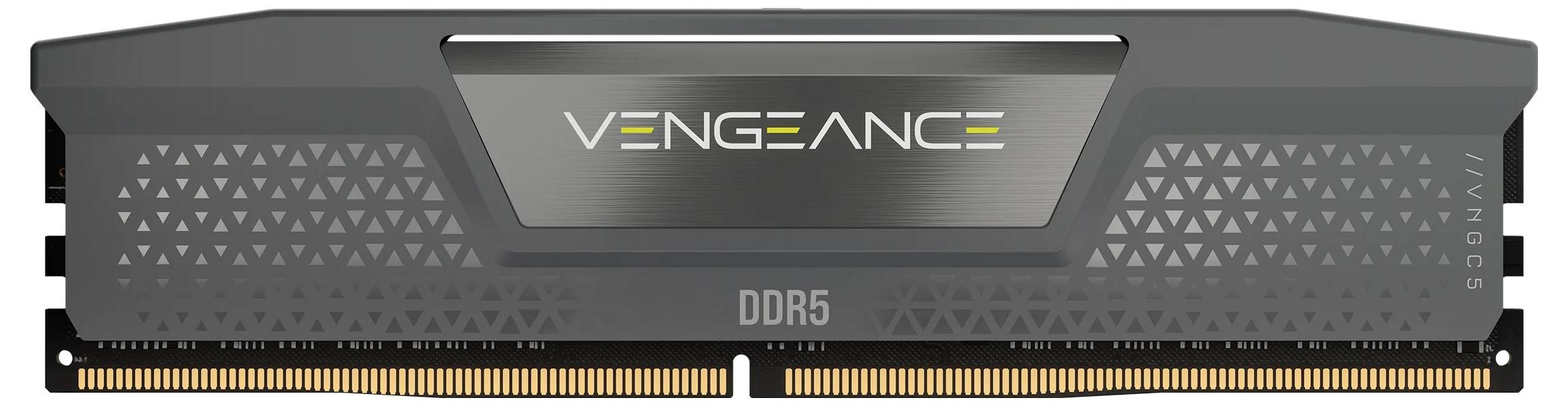 RAM-Speichermodul mit der Aufschrift 'Vengeance DDR5'. Schwarz-graues Design mit goldenen Kontakten.