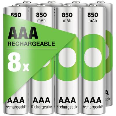 Acht AAA-Batterien, wiederaufladbar, 850 mAh. Verpackungsaufdruck: 'AAA Rechargeable 8x'.
