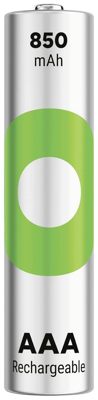 Eine AAA-Akku-Batterie mit einer Kapazität von 850 mAh. Sie ist silbern mit grünem Ring und der Aufschrift 'Rechargeable'.