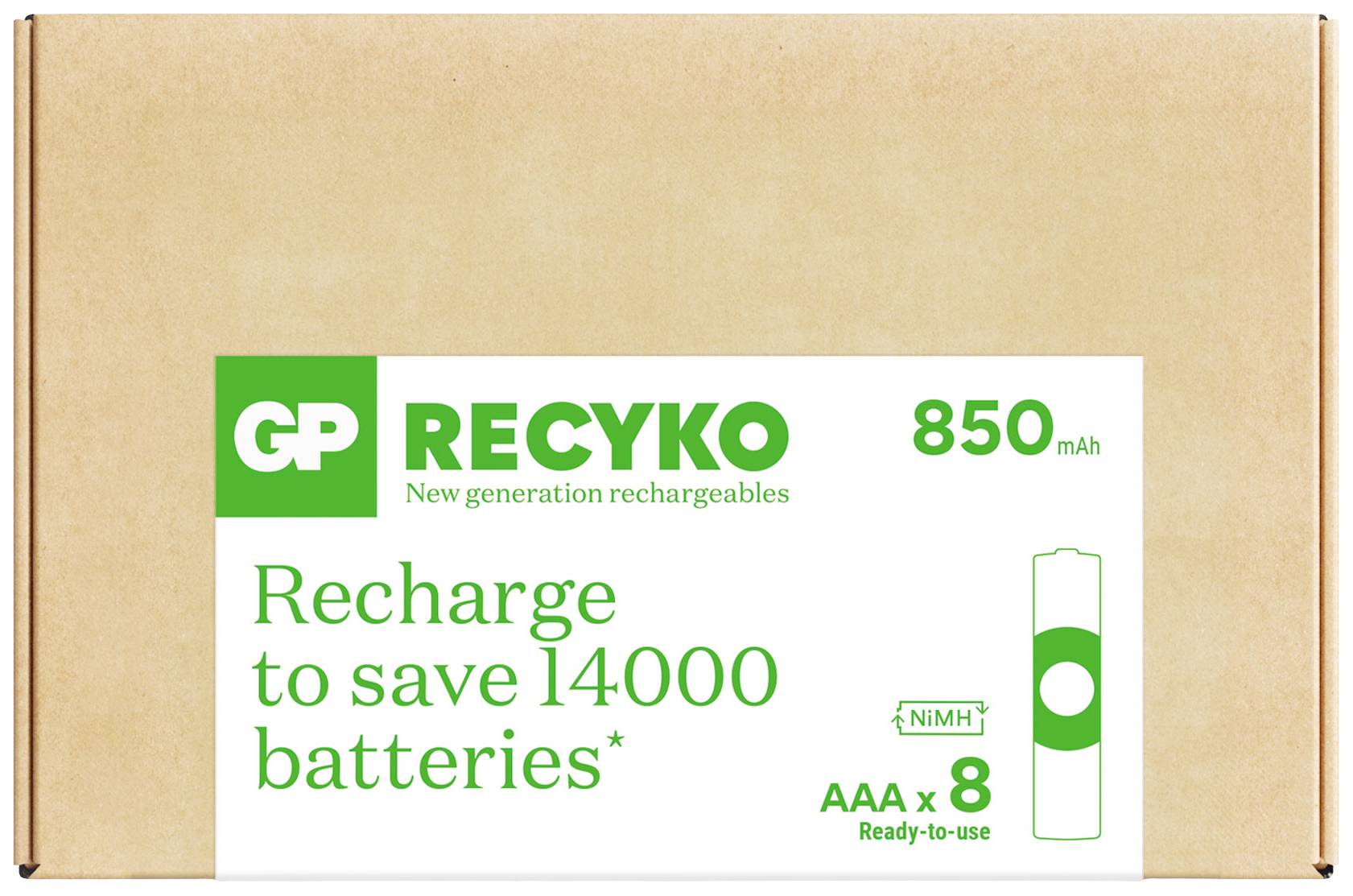 Pappschachtel mit grüner Aufschrift: 'GP Recyko 850 mAh, Recharge to save 14000 batteries, AAA x 8, Ready-to-use'.