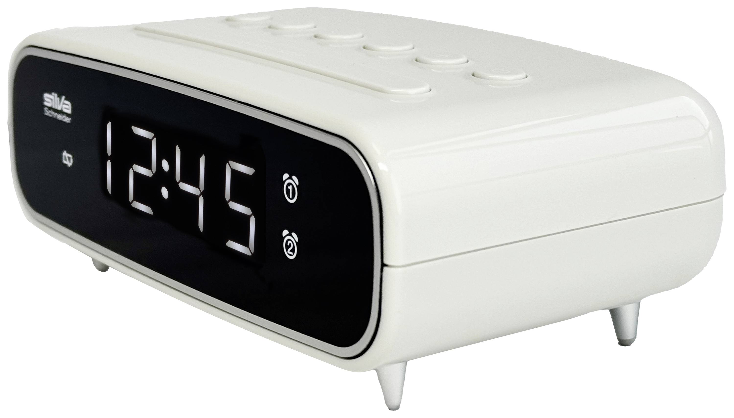 Ein weißer digitaler Wecker zeigt die Zeit 12:45 an. Auf der Oberseite befinden sich mehrere Tasten.