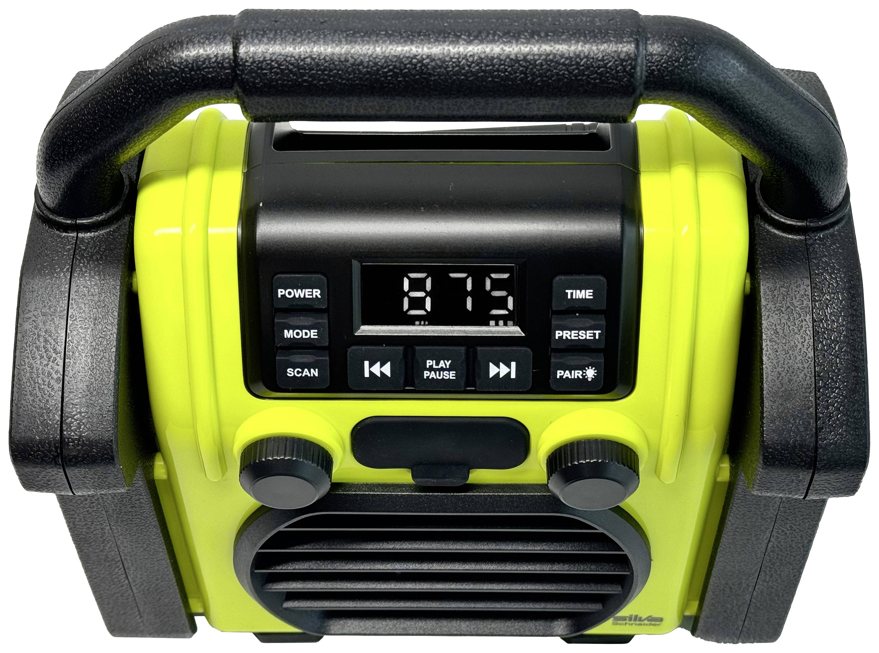 Ein tragbares, gelb-schwarzes Radio im Retro-Stil, zeigt auf dem Display die Frequenz '87,5'. Hat Tasten für Power, Modus und Scan.