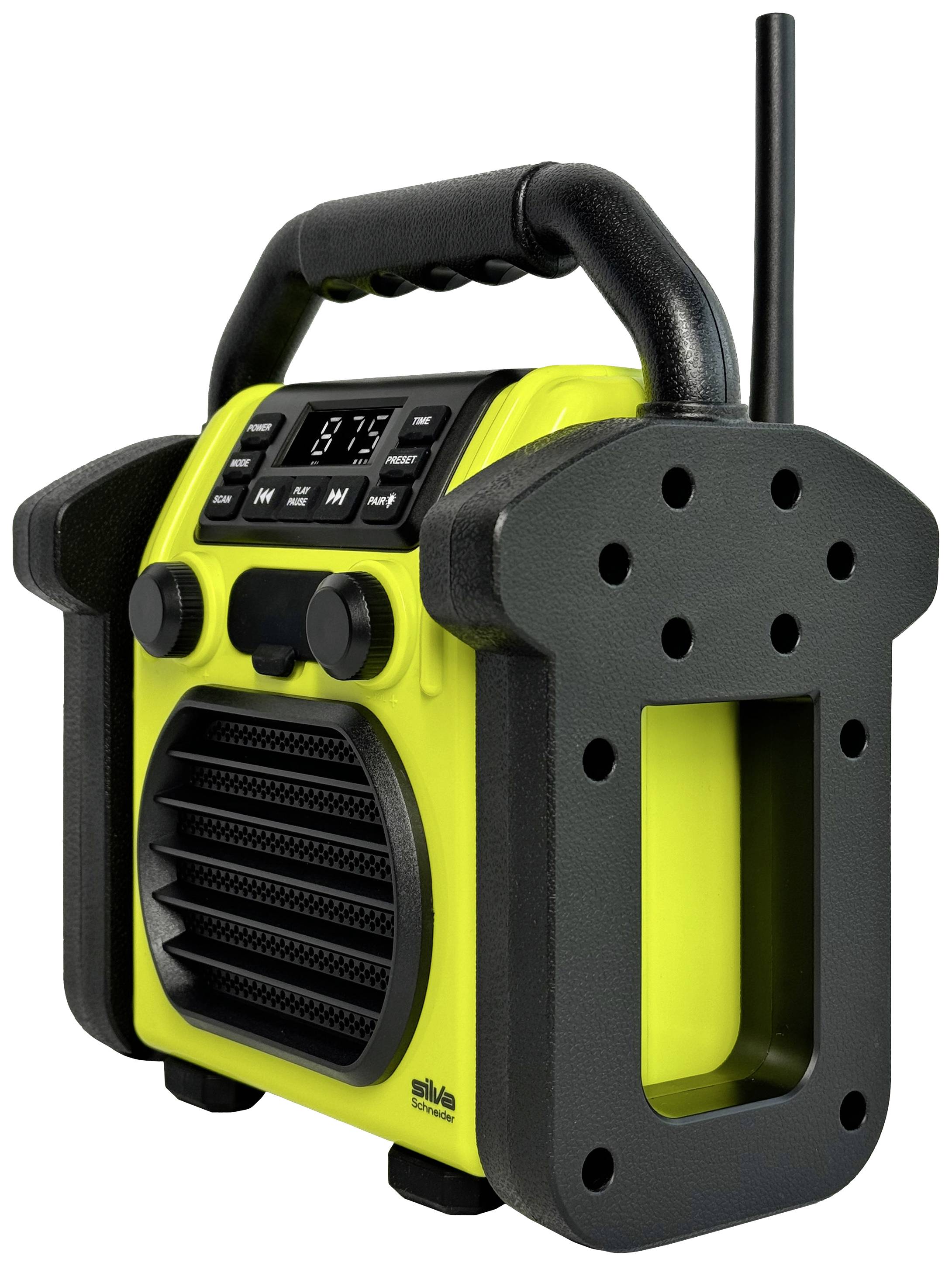 Gelbes tragbares Radio mit robustem Griff und Antenne, geeignet für Outdoor-Nutzung. Enthält Bedienelemente und Lautsprecher auf der Vorderseite.
