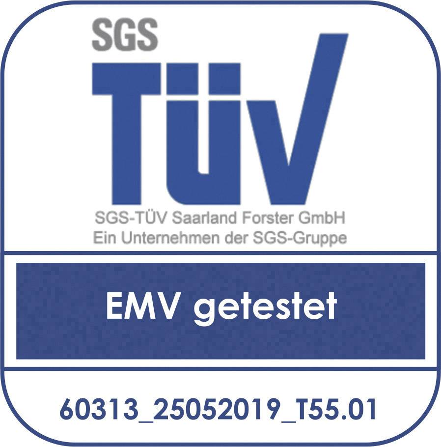 Das Bild zeigt das TÜV-Logo mit der Aufschrift 'EMV getestet', was auf eine erfolgreiche Prüfung durch die SGS TÜV Saarland hinweist.