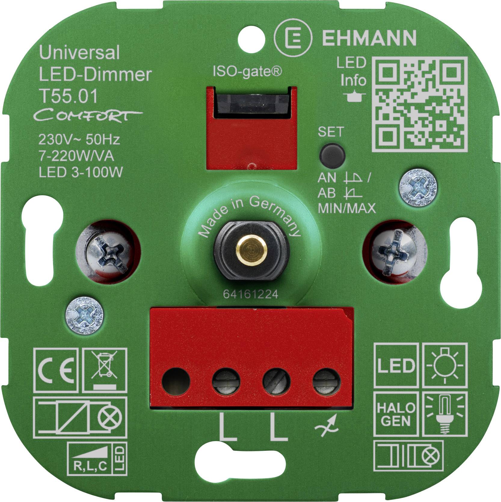 Grüner LED-Dimmer mit technischen Spezifikationen, Schraubenlöchern und QR-Code. Geeignet für 230V~ 50Hz und 7-220W/VA.