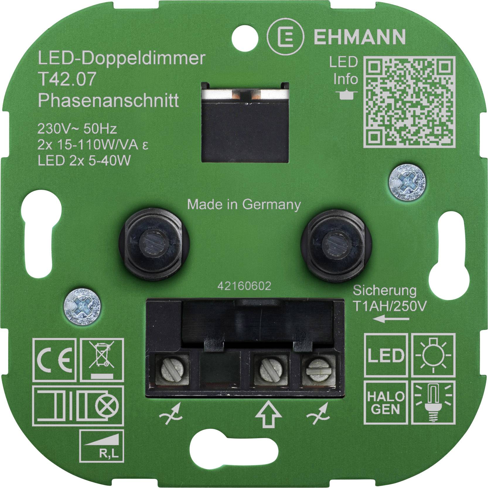 'Quadratische grüne LED-Doppeldimmer-Platine von Ehmann mit Beschriftung "Made in Germany" und technischen Angaben zur Spannung und Leistung.'