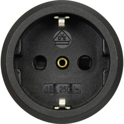 Runde schwarze Steckdose, geeignet für Stecker mit 16A und 250V. Im Inneren befindet sich das Zeichen 'D V E'.