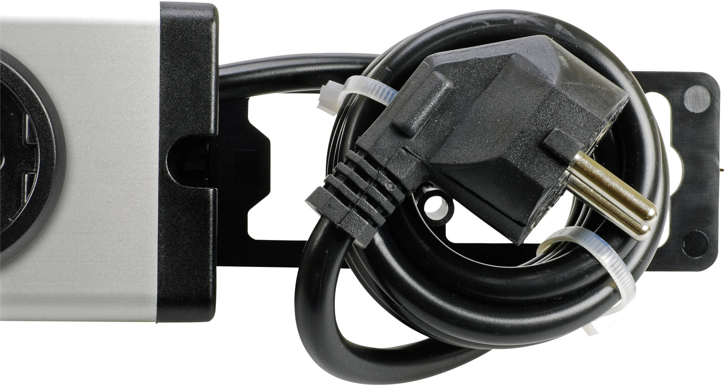 Ein schwarz-silbernes elektrisches Gerät mit aufgewickeltem Steckerkabel, befestigt durch Kabelbinder, auf weißem Hintergrund.