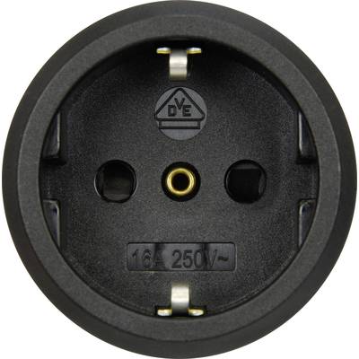 Schwarze runde Steckdose mit zwei Öffnungen und Schutzleiter, geformt für europäische Stecker. Geprüft nach VDE-Norm, gekennzeichnet mit '16A 250V~'.
