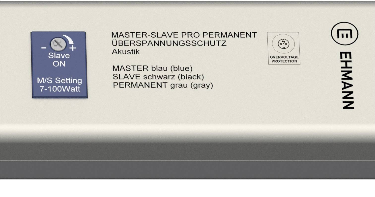 'MASTER-SLAVE PRO PERMANENT ÜBERSPANNUNGSSCHUTZ Akustik' Gerät mit Schalter für Slave-Funktion, Marke EHMAN.