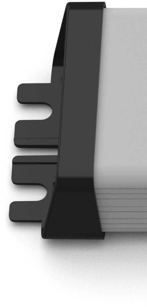 Nahaufnahme eines schwarzen und grauen Kunststoff-Ordnerschlosses mit drei austauschbaren Clips am Rand.