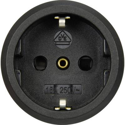 Eine schwarze Schuko-Steckdose mit Erdung, geeignet für 16A und 250V.