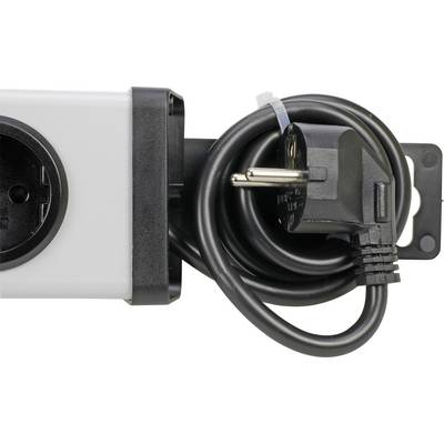 Eine Mehrfachsteckdose mit schwarzem Netzkabel und Schuko-Stecker, umwickelt und bereit zur Verwendung.