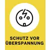 Weiße Kreisgrafik mit einem Gesicht und Symbol für Überspannung. Darunter der Text: 'SCHUTZ VOR ÜBERSPANNUNG' auf gelbem Hintergrund.