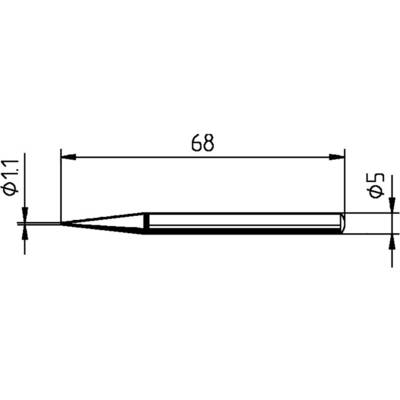 Technische Zeichnung eines zylindrischen Objekts. Länge: 68 mm, Durchmesser an Enden: 1,1 mm und 5 mm. Seitenansicht.