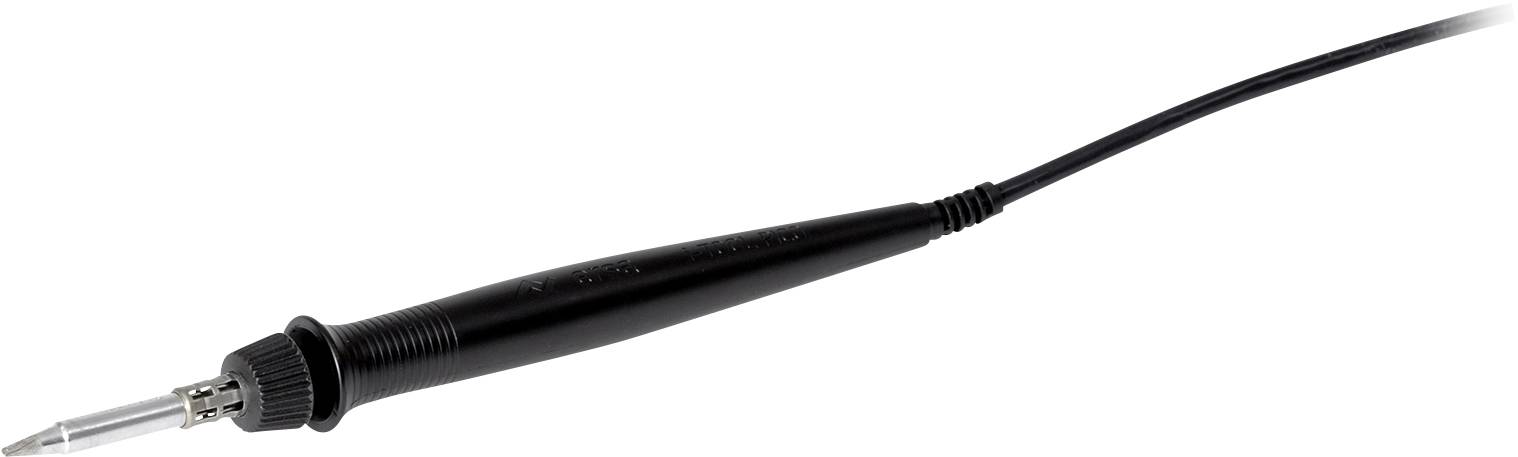Ein einfacher, schwarzer Lötkolben mit langem Kabel, zeigt die Spitze für Lötarbeiten. Geeignet für Elektronikarbeiten.