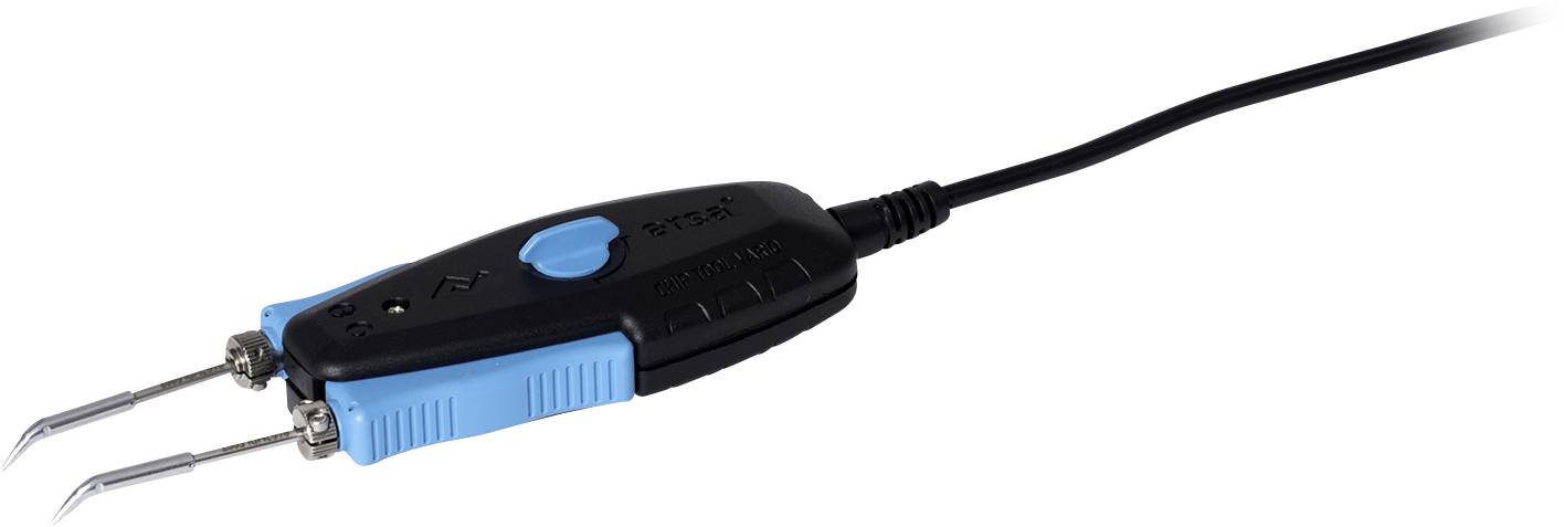 Eine blaue und schwarze SMD-Entlötpinzette mit zwei Metallspitzen und einem stromführenden Kabel, geeignet für elektronische Reparaturen.