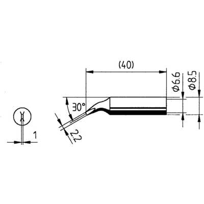 Die Abbildung zeigt eine technische Zeichnung eines Werkzeugs mit Abmessungen, Winkel von 30 Grad, und Durchmesserangaben von 6,6 mm und 8,5 mm.