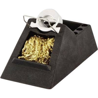Ein schwarzer Lötstation-Halter mit einem Reinigungsschwammbett aus Messing, oberhalb eine silberne Ablage für den Lötkolben.
