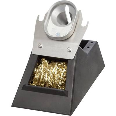 Ein schwarzer Ständer mit metallischer Halterung hält feine, goldfarbene Metallspäne. Dient zum Reinigen von Lötkolben.